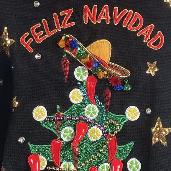 Holiday Time Ugly Christmas Sweater Women's S (4-6) Black Feliz Navidad Tacos - Picture 2 of 8